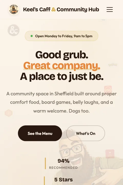 Keel's Caff & Community Hub home page on mobile