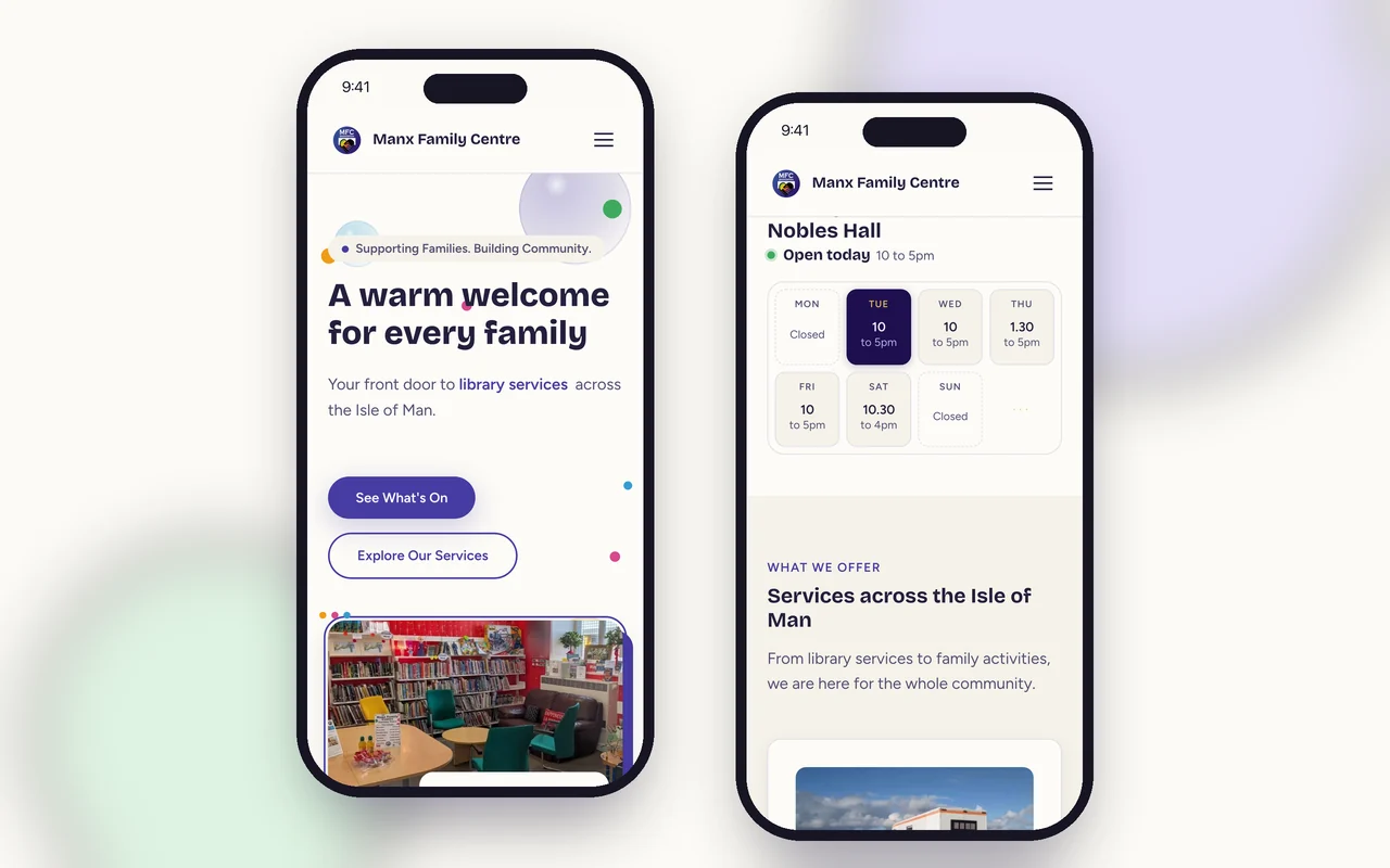Manx Family Centre website on two phones: the welcome screen and the Nobles Hall opening times